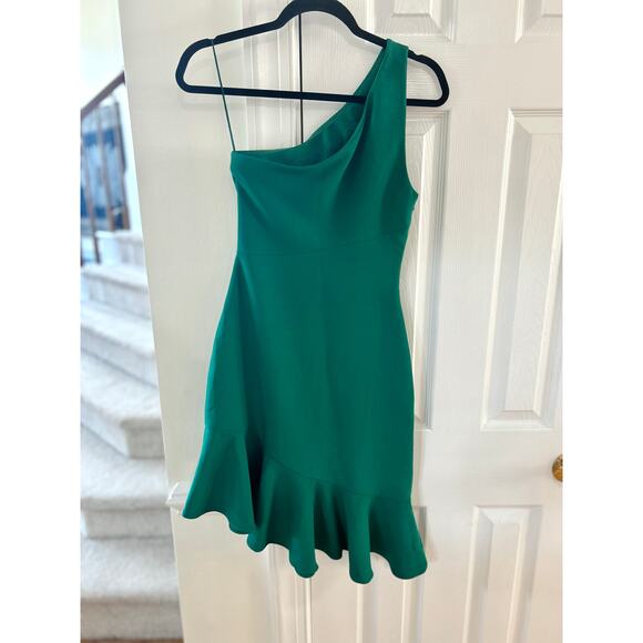 Cinq a Sept Kelly Green One Shoulder Ruffle Hem Mini Sheath Dress - Picture 3 of 7